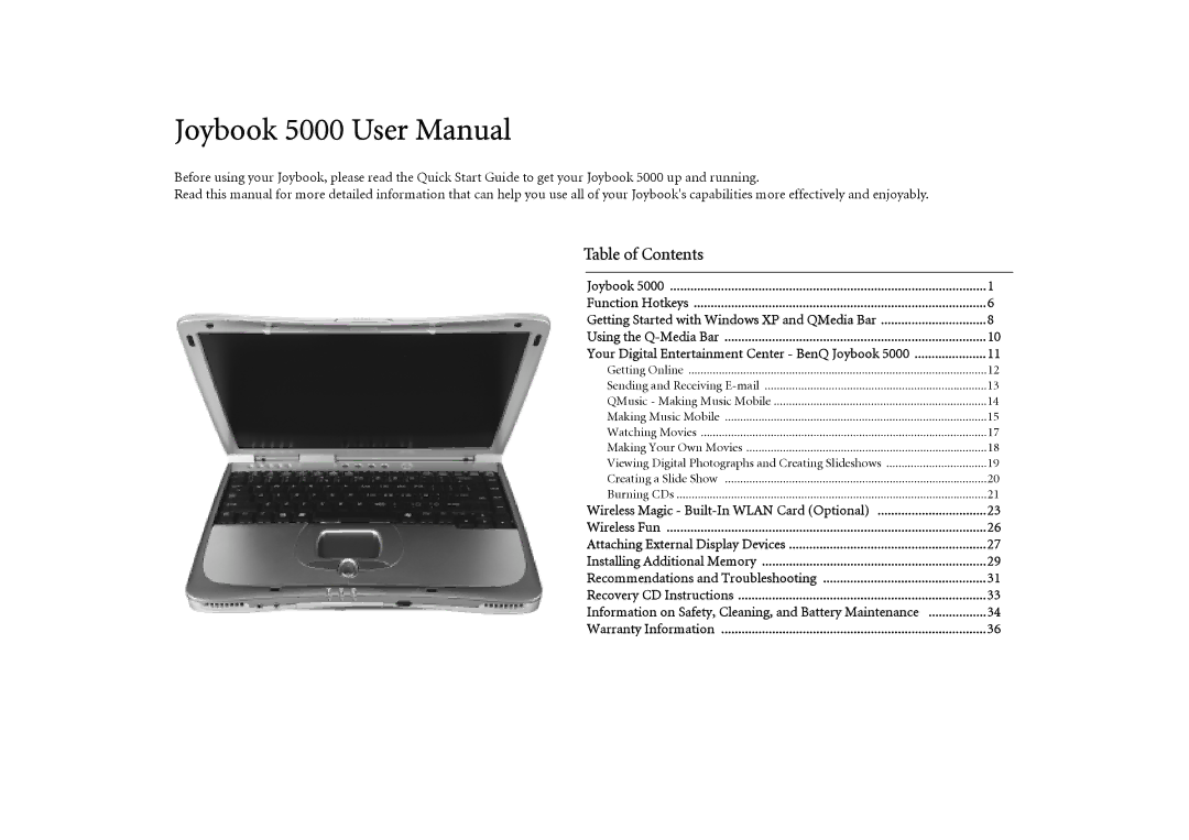 BenQ Joybook 5000 user manual Table of Contents 