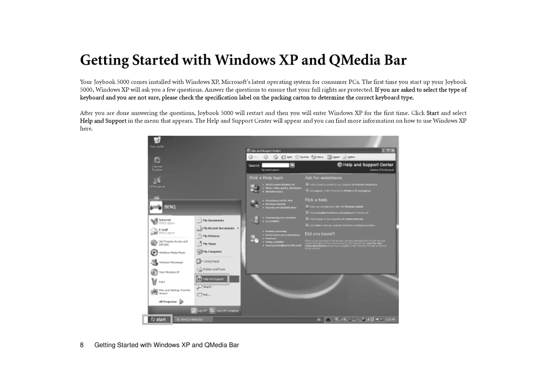 BenQ Joybook 5000 user manual Getting Started with Windows XP and QMedia Bar 