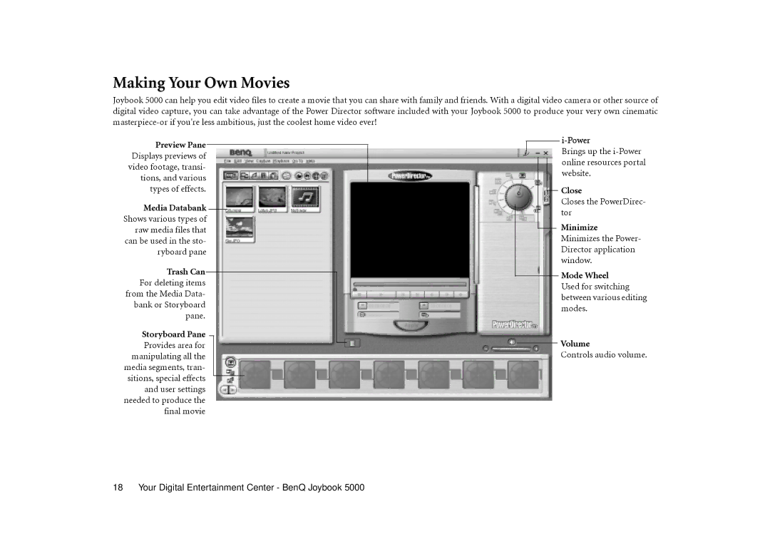 BenQ Joybook 5000 user manual Making Your Own Movies, Power, Close, Minimize 