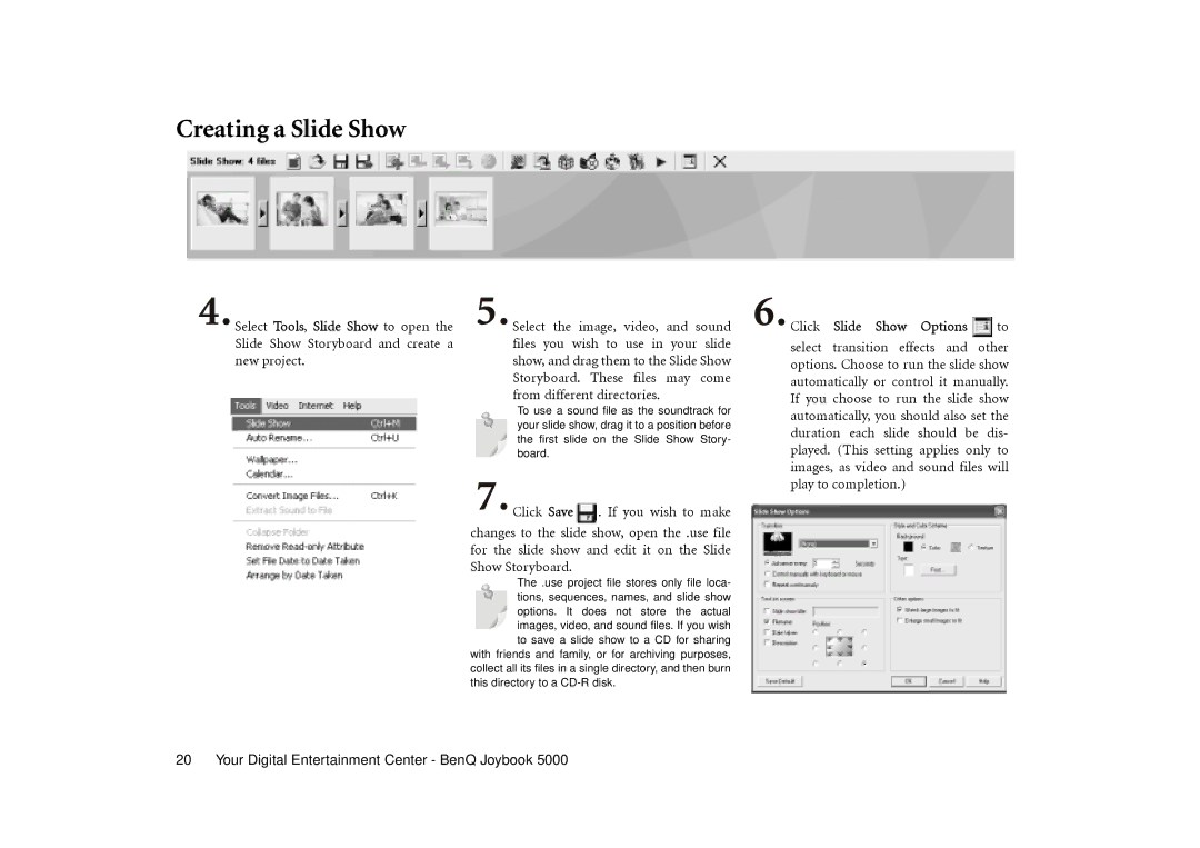 BenQ Joybook 5000 user manual Creating a Slide Show, Click Slide Show Options 