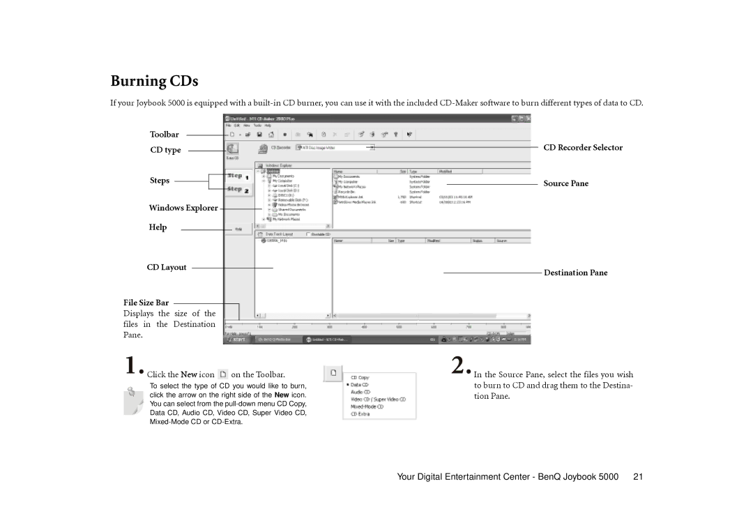 BenQ Joybook 5000 user manual Burning CDs, CD Recorder Selector Source Pane Destination Pane 