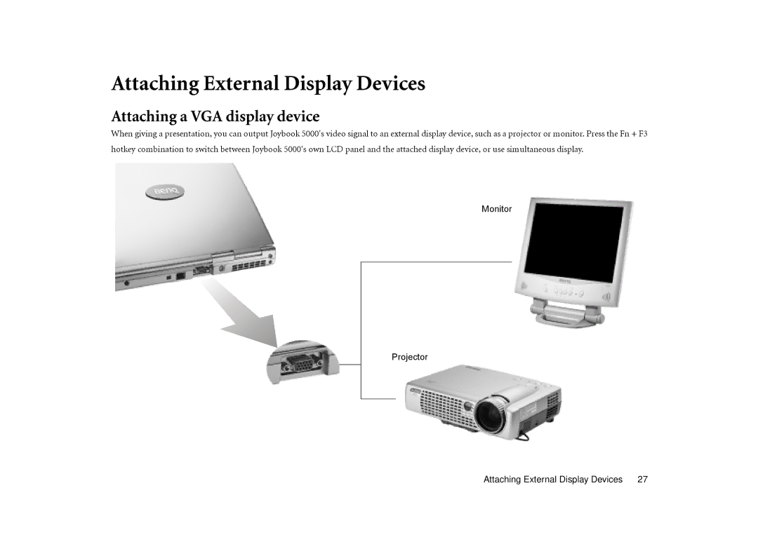 BenQ Joybook 5000 user manual Attaching External Display Devices, Attaching a VGA display device 