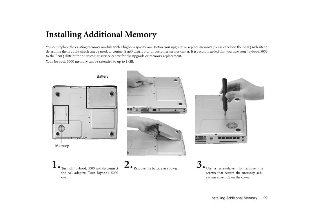 BenQ Joybook 5000 user manual Installing Additional Memory, Battery Memory 