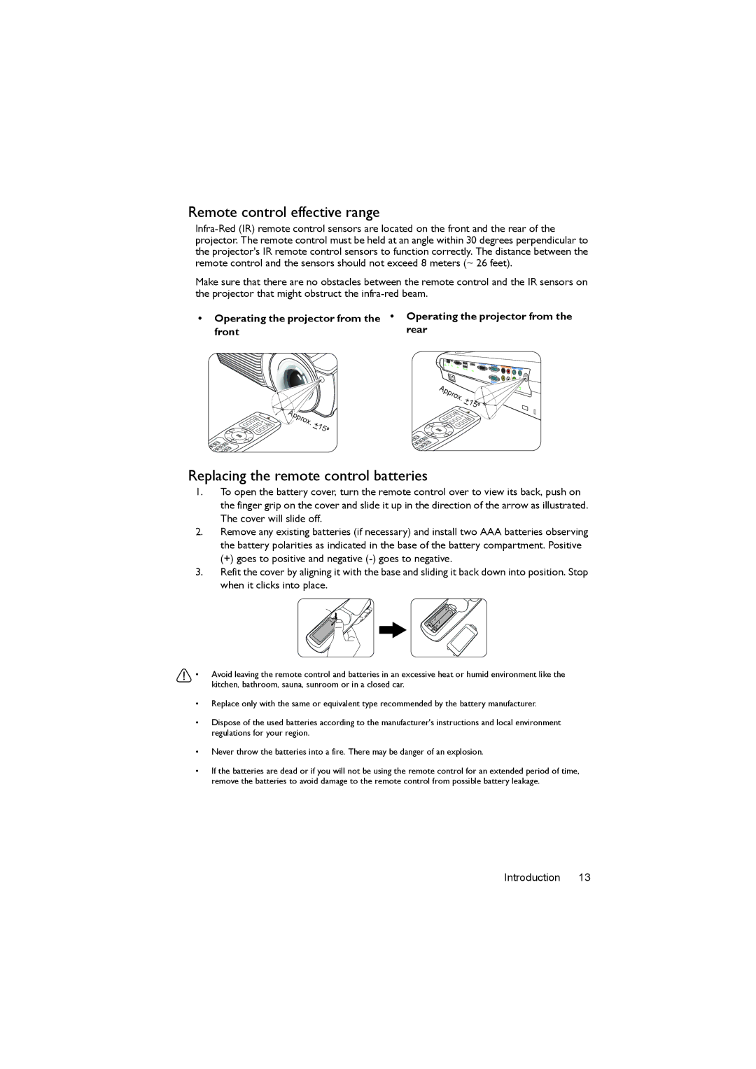 BenQ LW61ST, LX60ST user manual Remote control effective range, Replacing the remote control batteries 