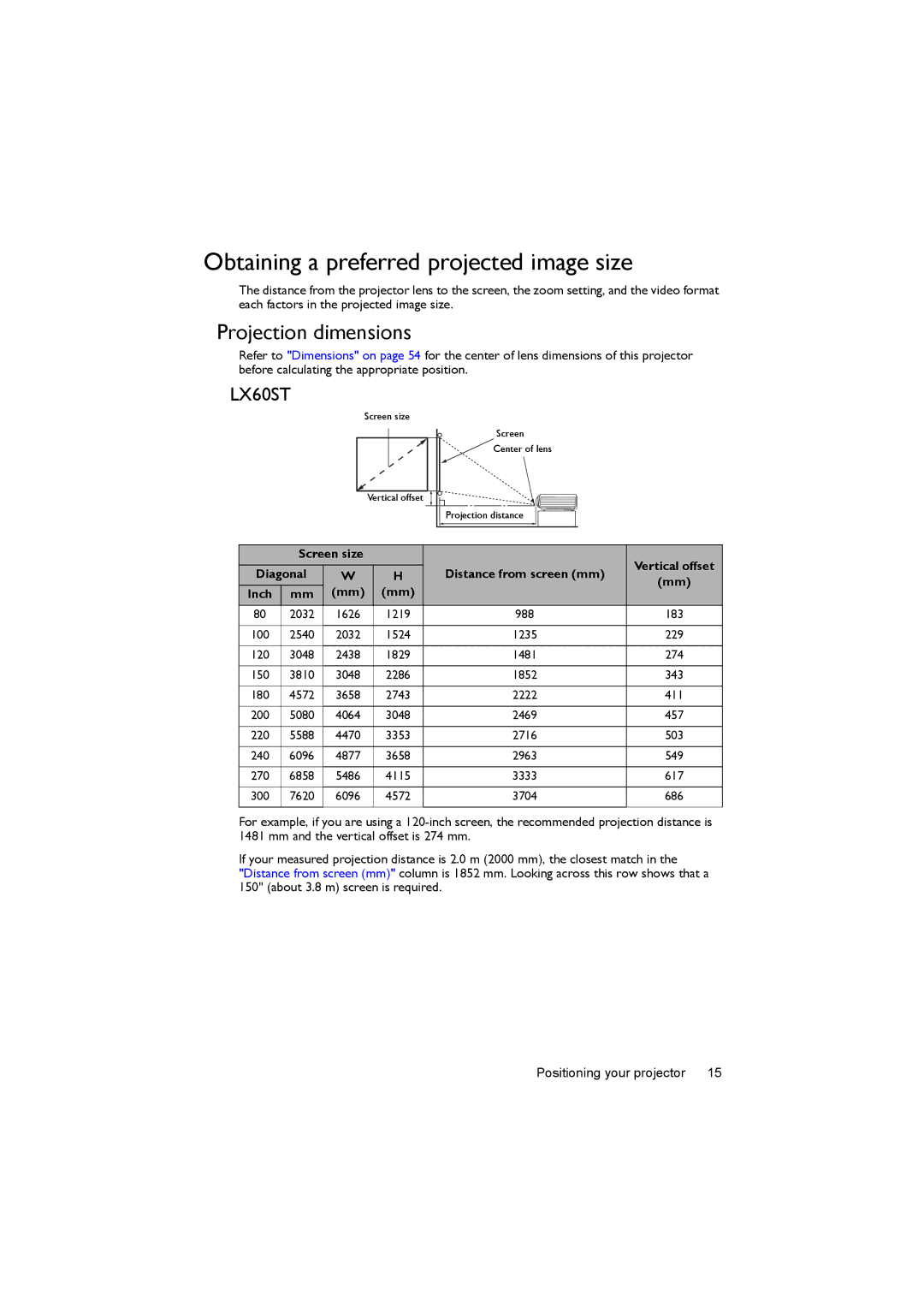 BenQ LW61ST, LX60ST user manual Obtaining a preferred projected image size, Projection dimensions 