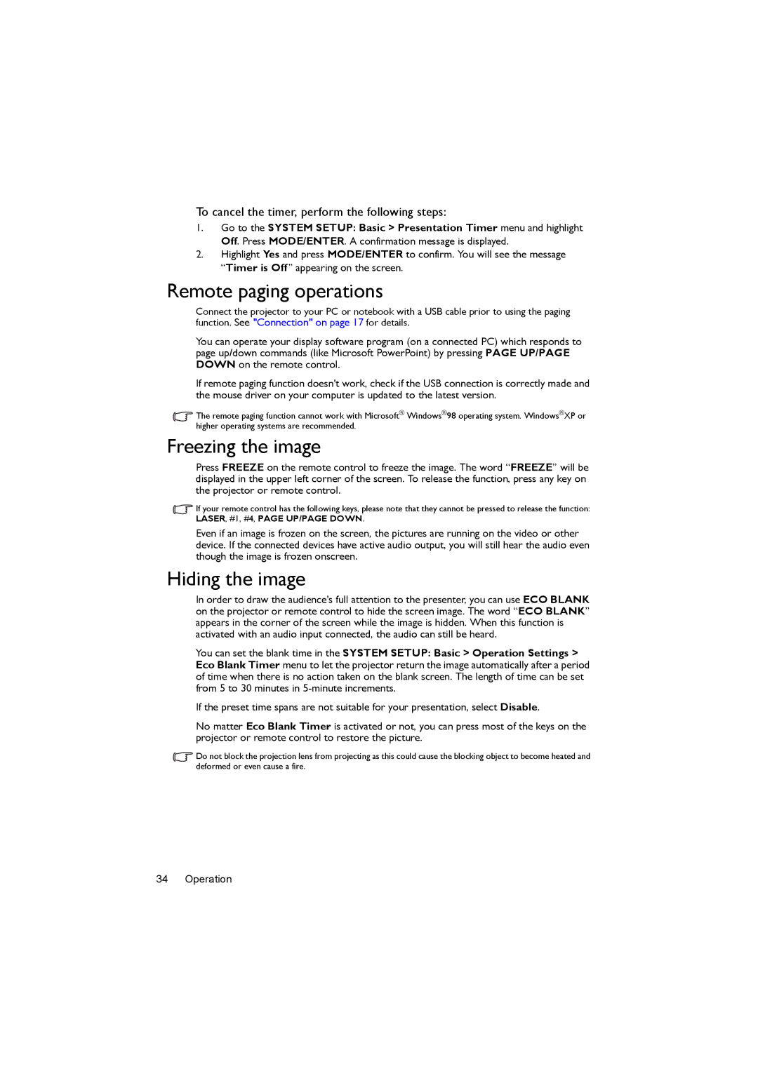 BenQ LX60ST, LW61ST user manual Remote paging operations, Freezing the image, Hiding the image 