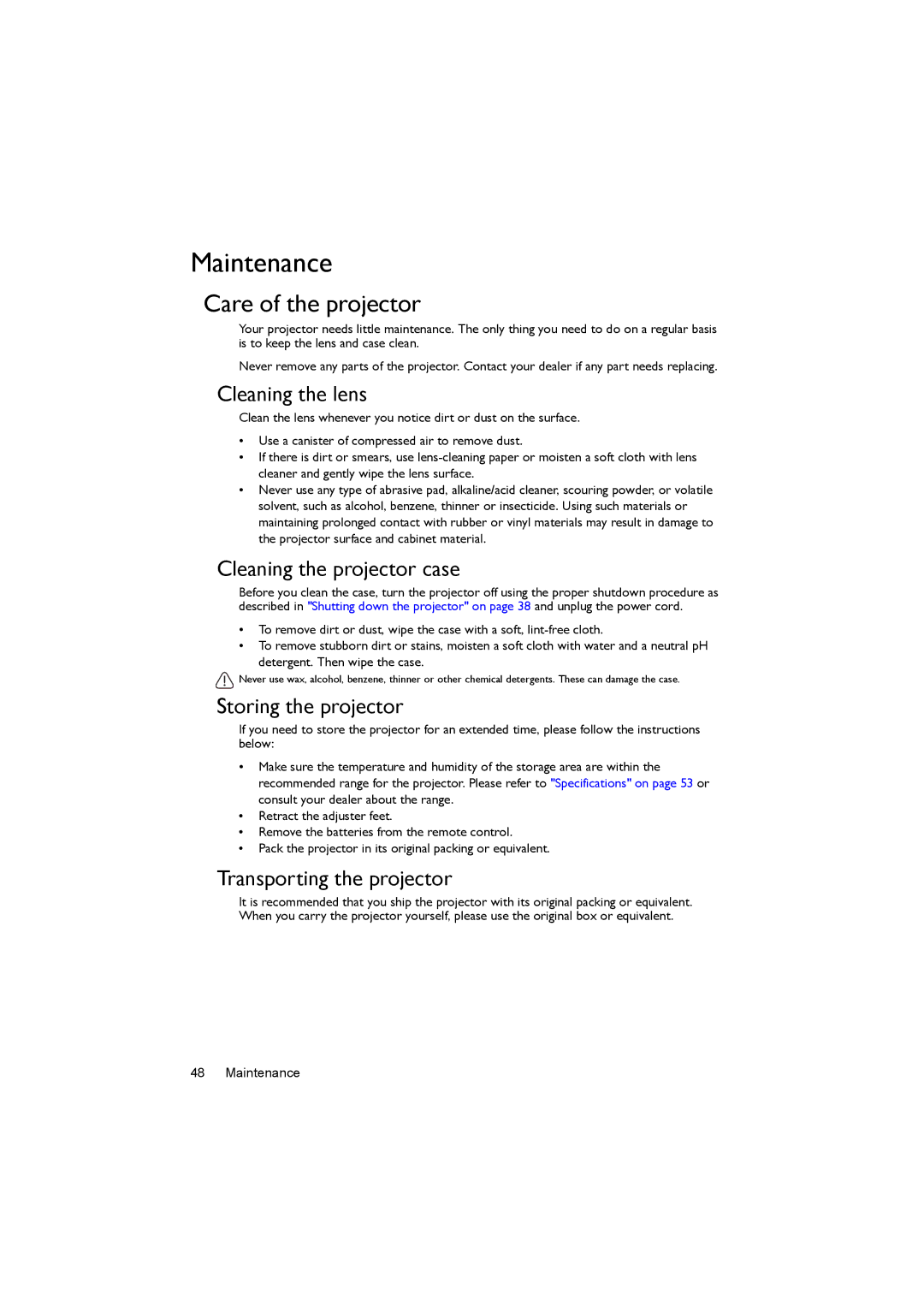 BenQ LX60ST, LW61ST user manual Maintenance, Care of the projector 