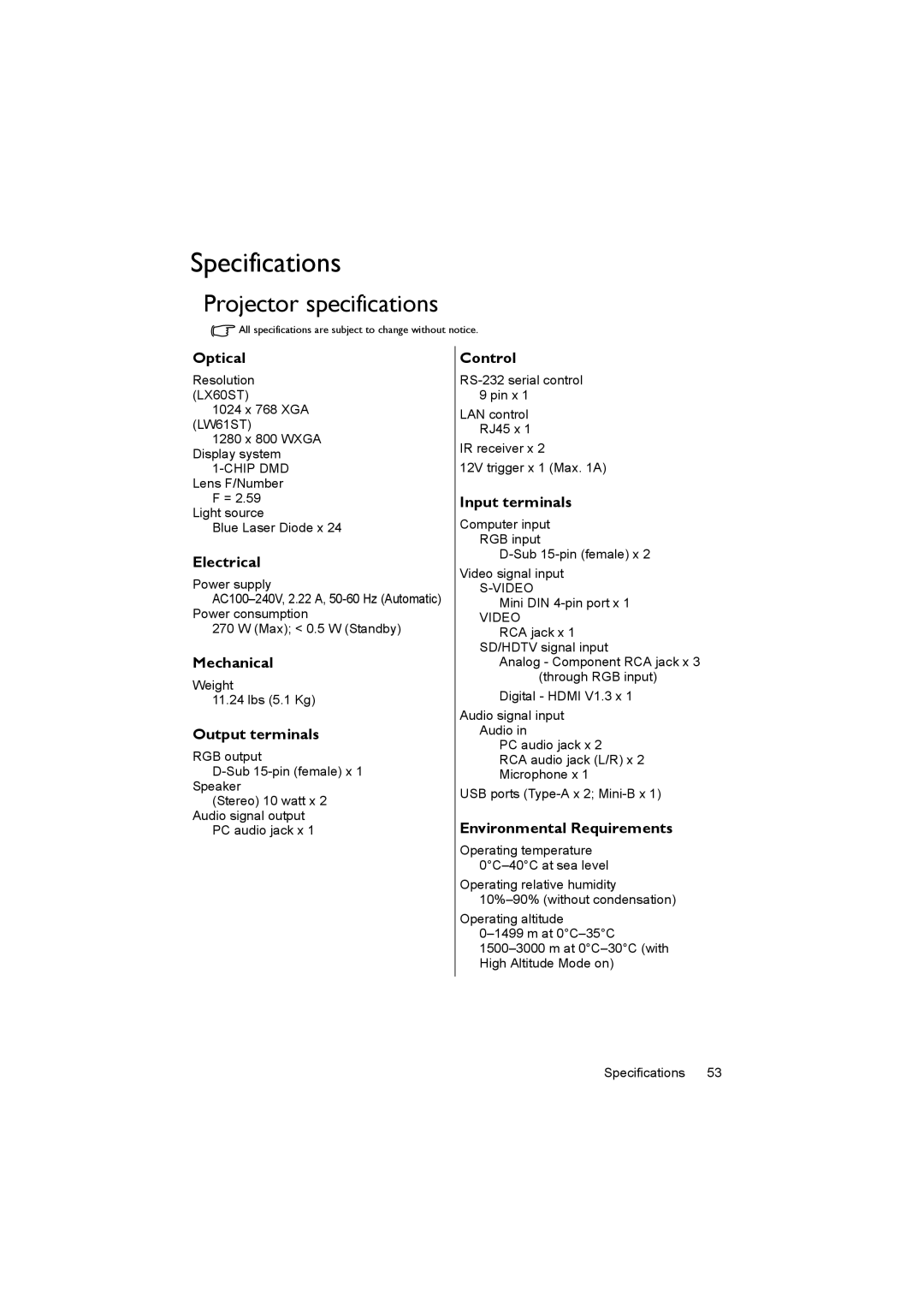 BenQ LW61ST, LX60ST user manual Specifications, Projector specifications 