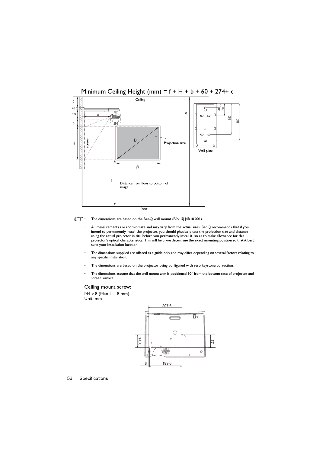 BenQ LX60ST, LW61ST user manual Minimum Ceiling Height mm = f + H + b + 60 + 274+ c, Ceiling mount screw 