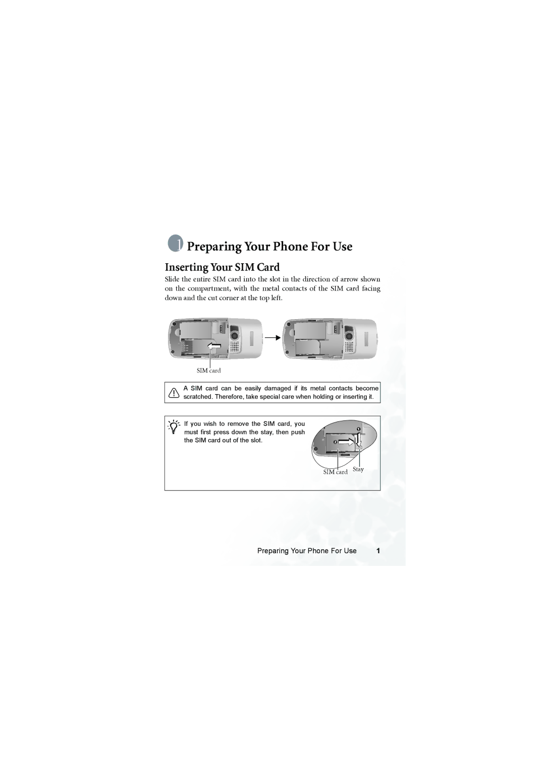 BenQ M300 user manual Preparing Your Phone For Use, Inserting Your SIM Card 