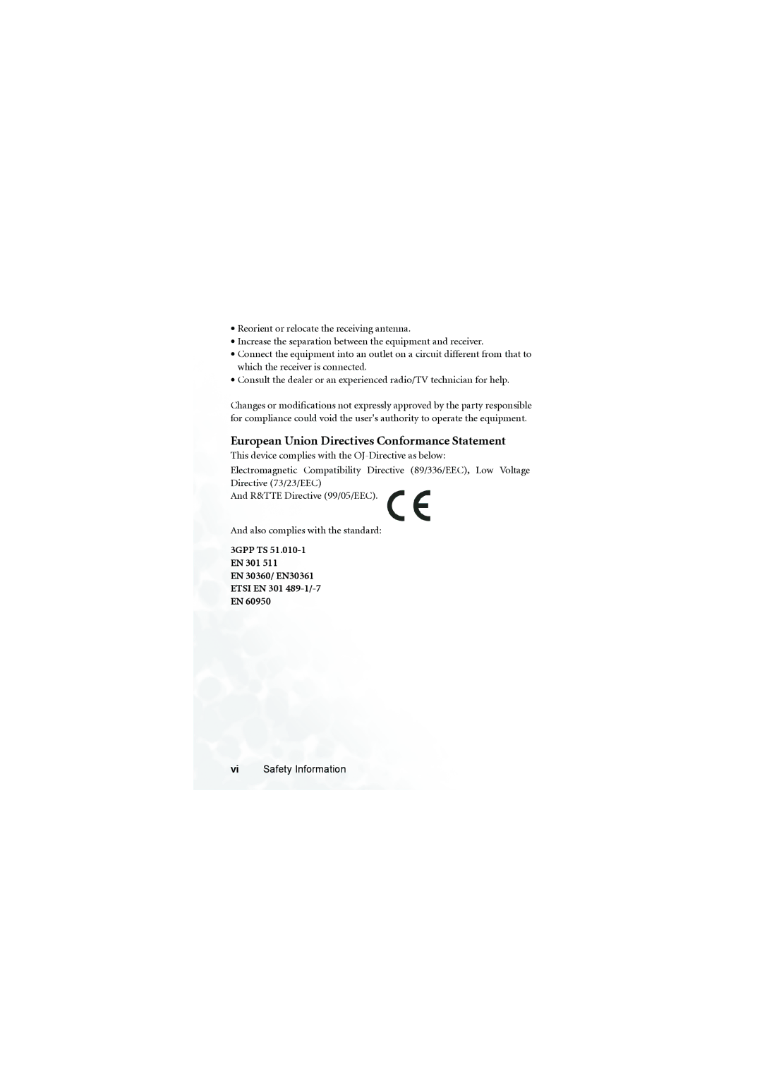 BenQ M300 user manual European Union Directives Conformance Statement, EN 30360/ EN30361 Etsi EN 301 489-1/-7 EN 