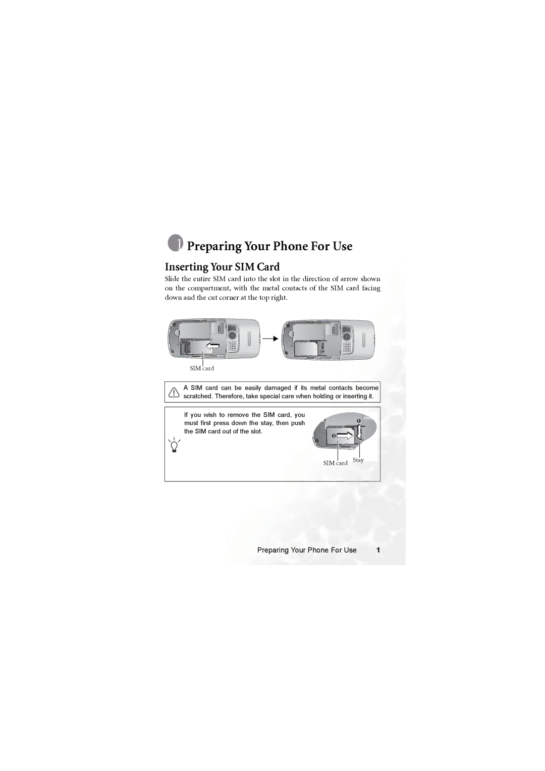 BenQ M315 user manual Preparing Your Phone For Use, Inserting Your SIM Card 