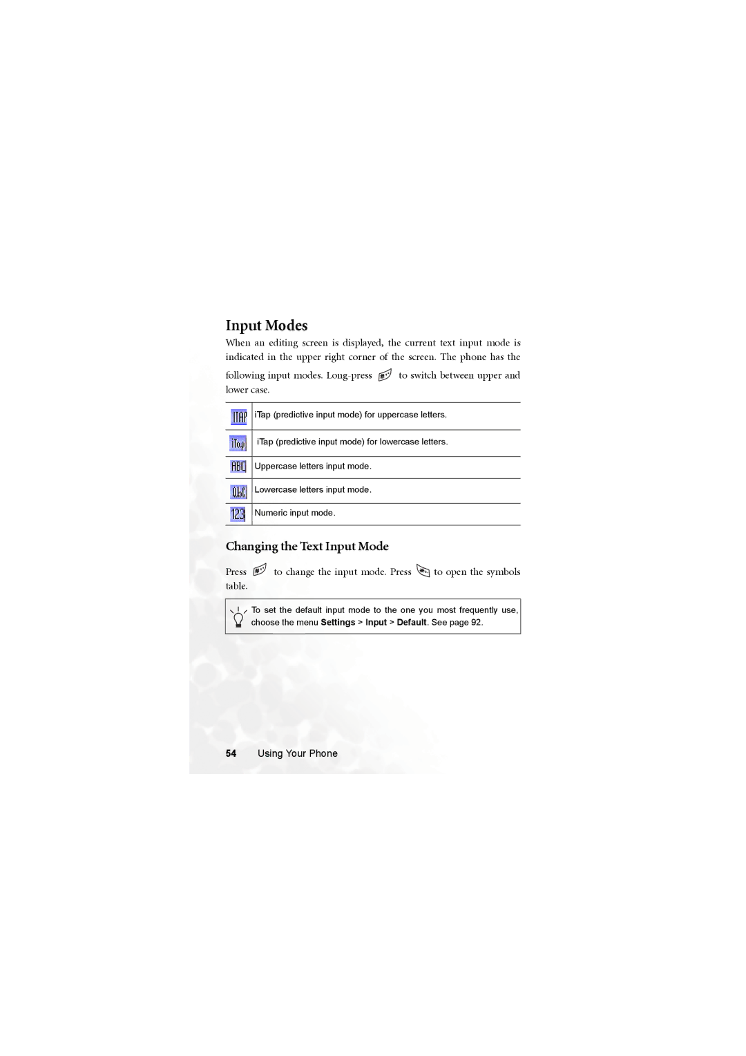 BenQ M315 user manual Input Modes, Changing the Text Input Mode 