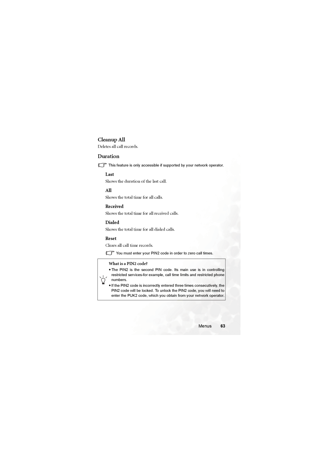 BenQ M315 user manual Cleanup All, Duration 