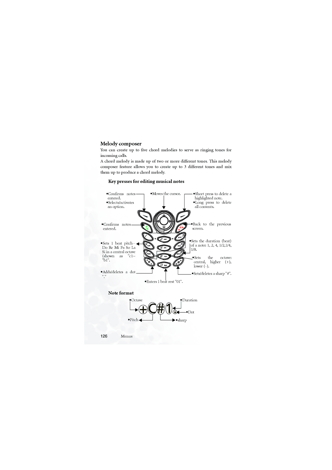 BenQ M555C user manual Melody composer, Key presses for editing musical notes 