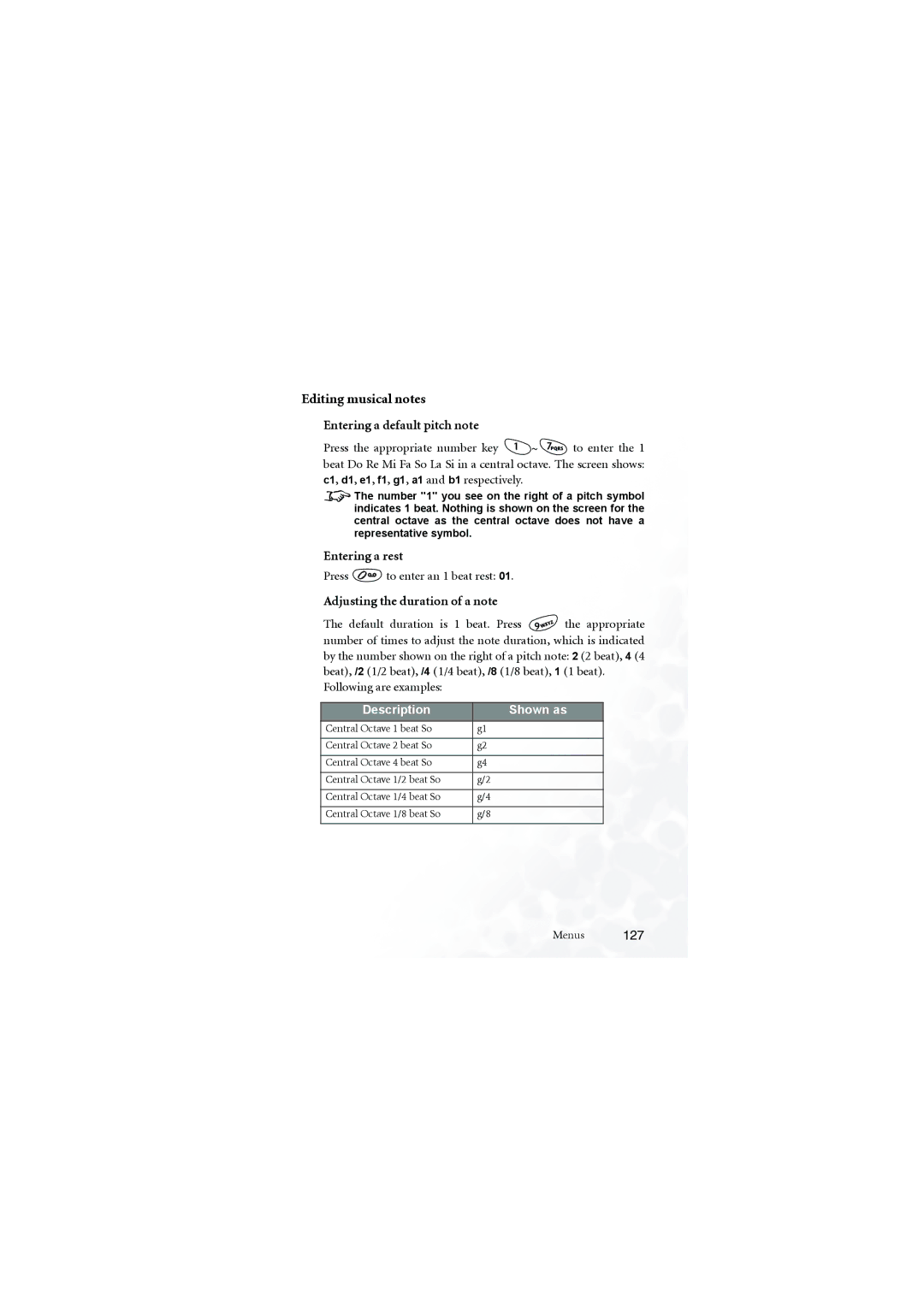 BenQ M555C Editing musical notes, Entering a default pitch note, Entering a rest, Adjusting the duration of a note 