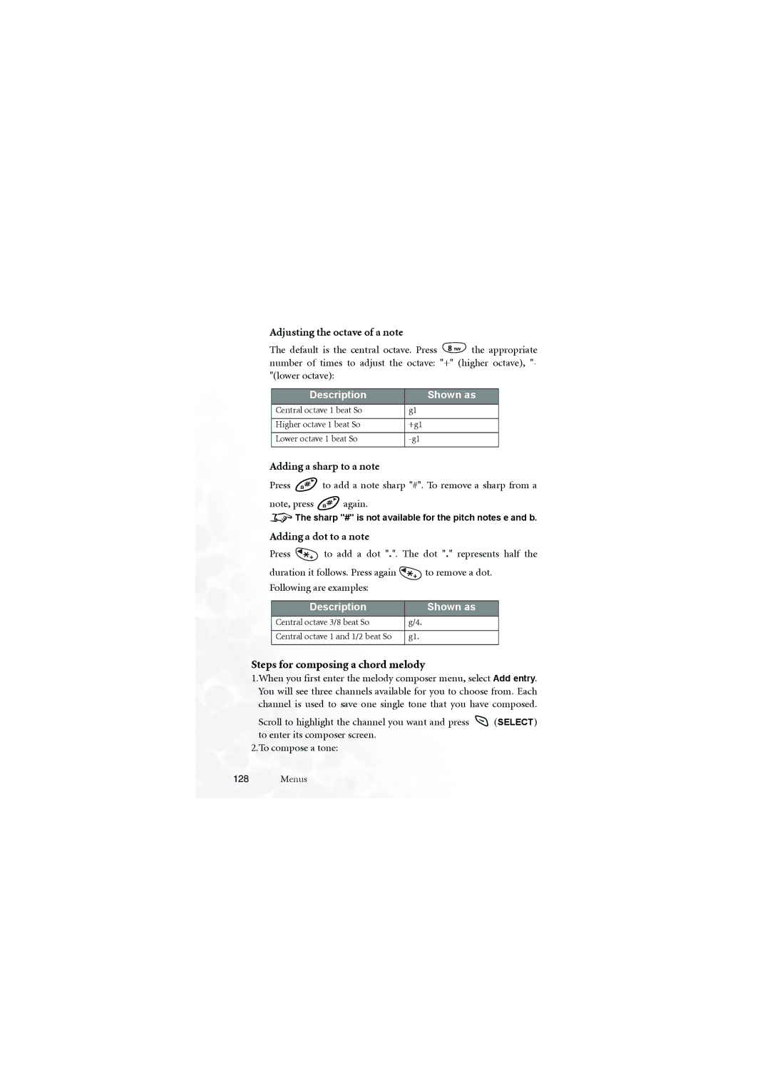 BenQ M555C user manual Steps for composing a chord melody, Adjusting the octave of a note, Adding a sharp to a note 