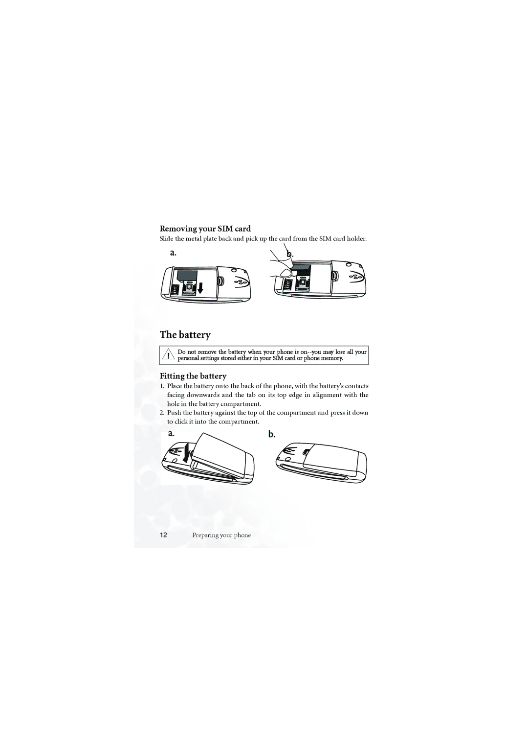 BenQ M555C user manual Battery, Removing your SIM card, Fitting the battery 