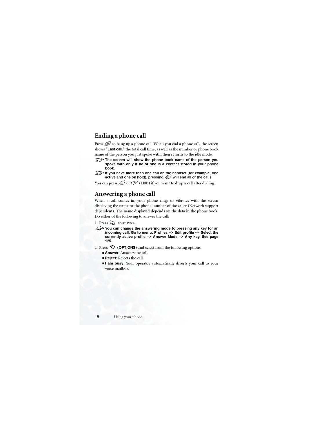 BenQ M555C user manual Ending a phone call, Answering a phone call 