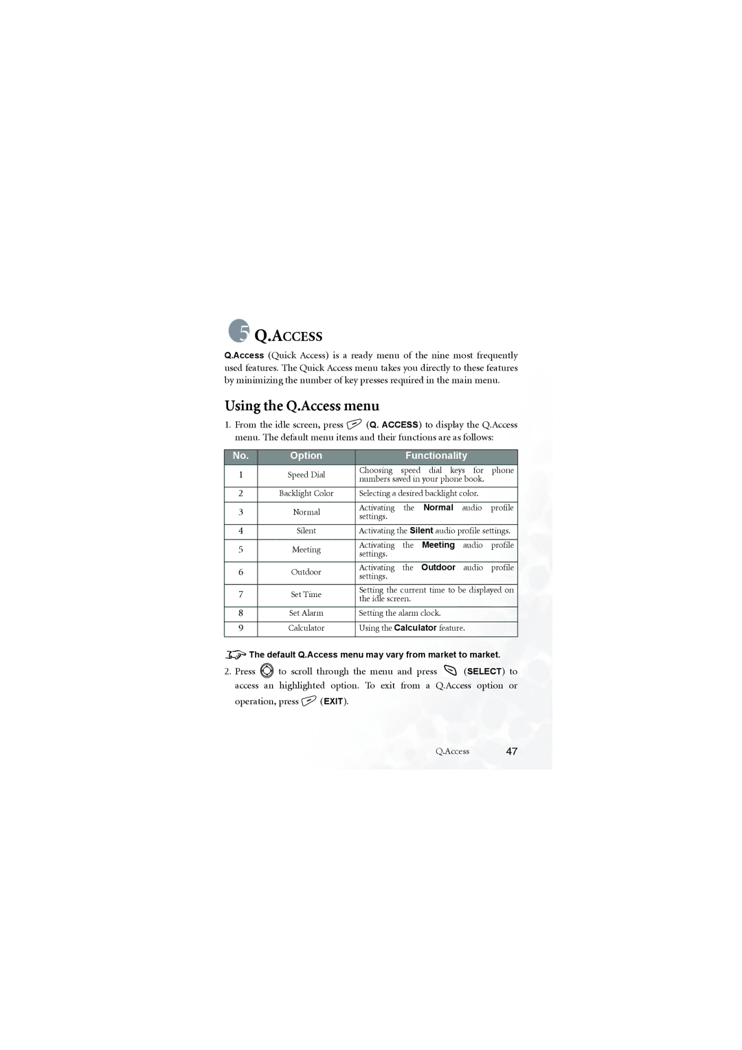 BenQ M555C user manual Using the Q.Access menu 