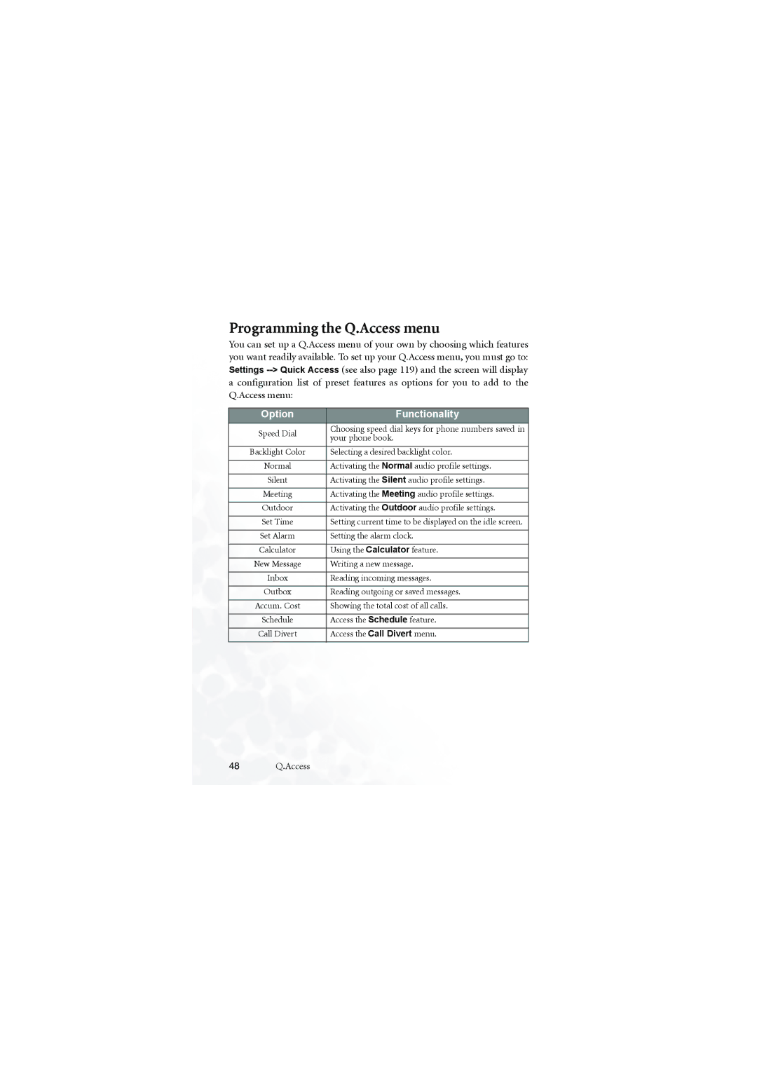 BenQ M555C user manual Programming the Q.Access menu 