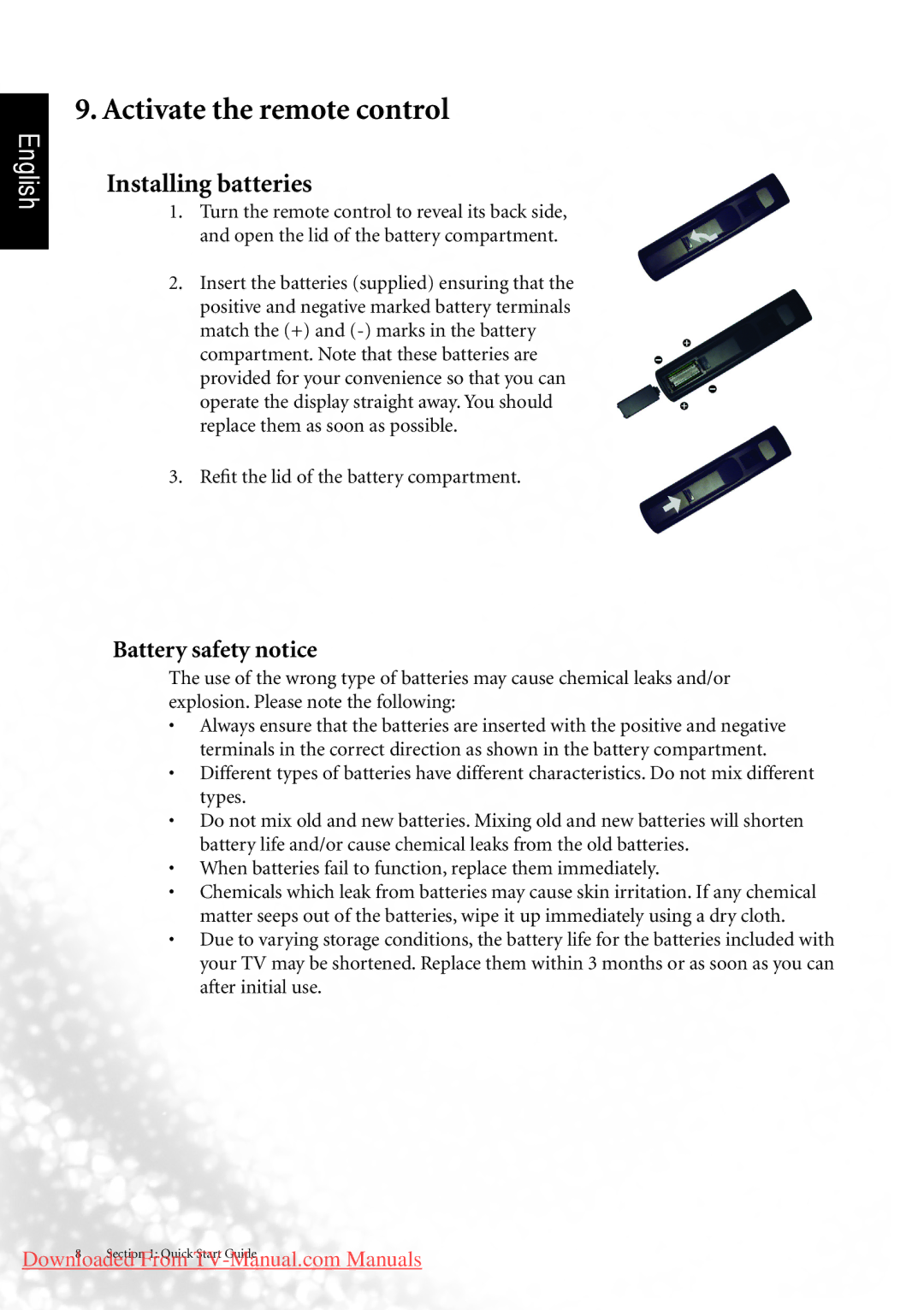 BenQ MK2442 manual Activate the remote control, Installing batteries 