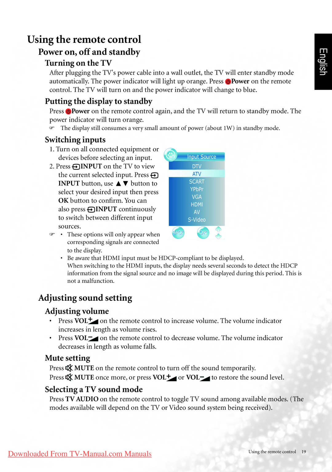 BenQ MK2442 manual Using the remote control, Power on, off and standby, Adjusting sound setting 