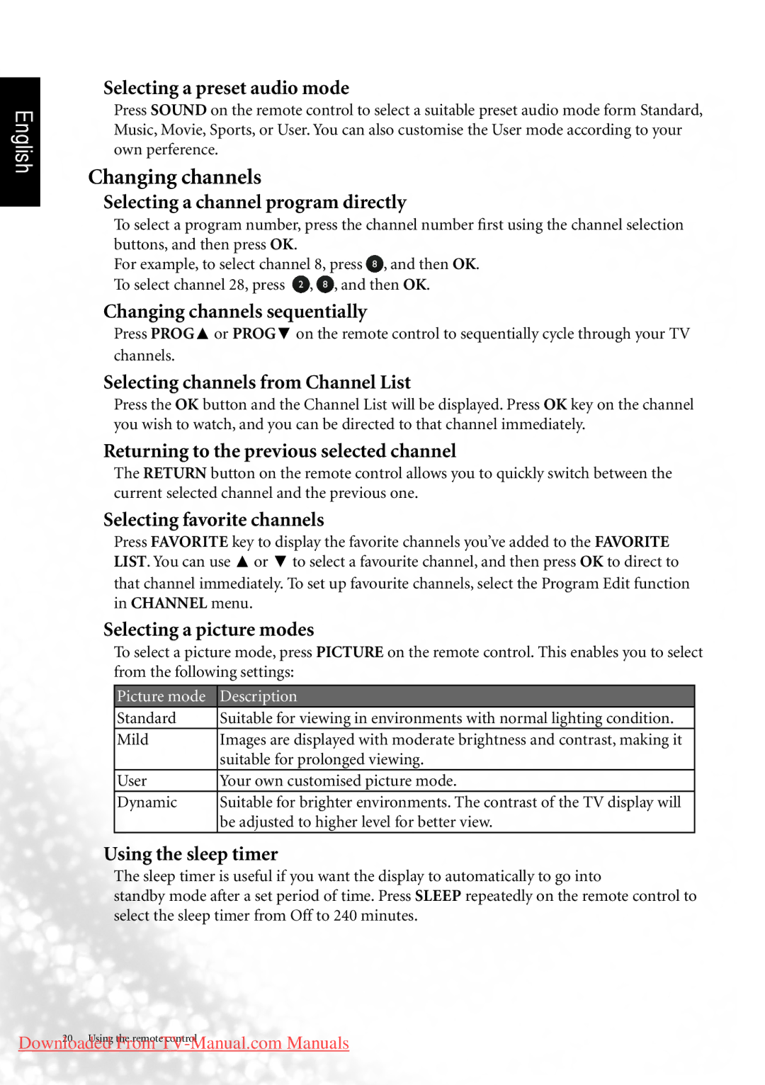 BenQ MK2442 manual Changing channels, Selecting a preset audio mode 