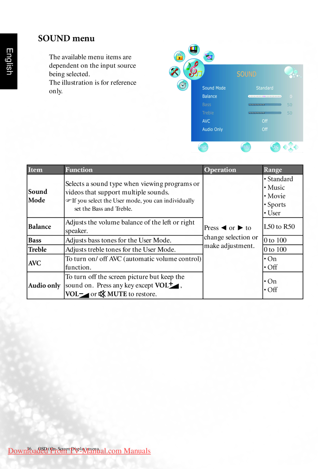 BenQ MK2442 manual Sound menu, Avc 