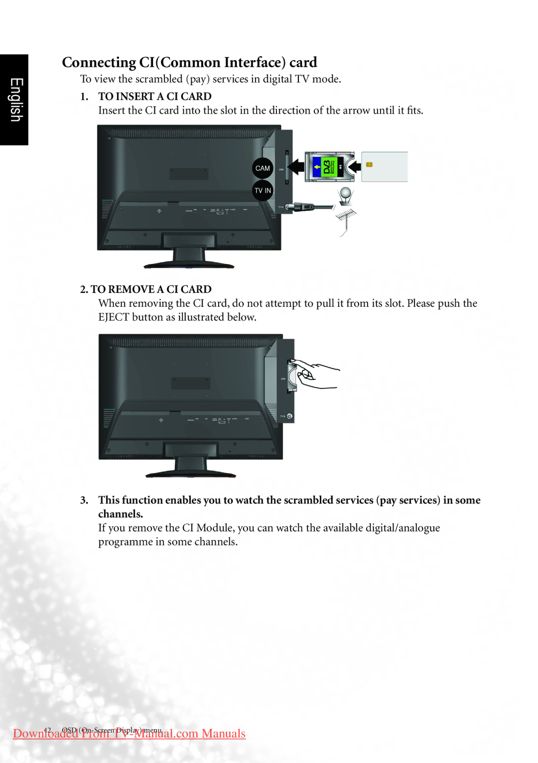 BenQ MK2442 manual Connecting CICommon Interface card, To Insert a CI Card, To Remove a CI Card 