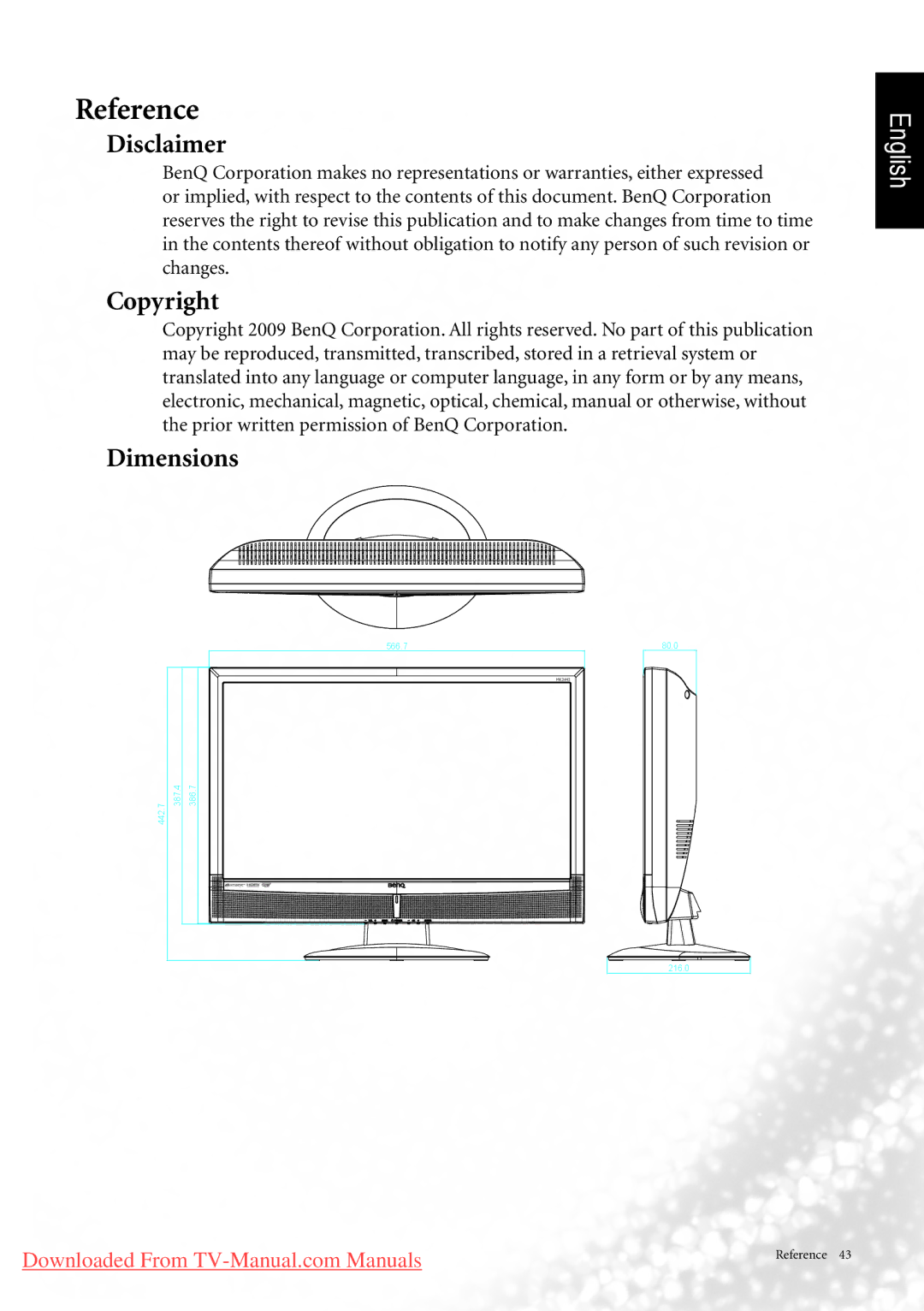 BenQ MK2442 manual Reference, Disclaimer, Copyright, Dimensions 