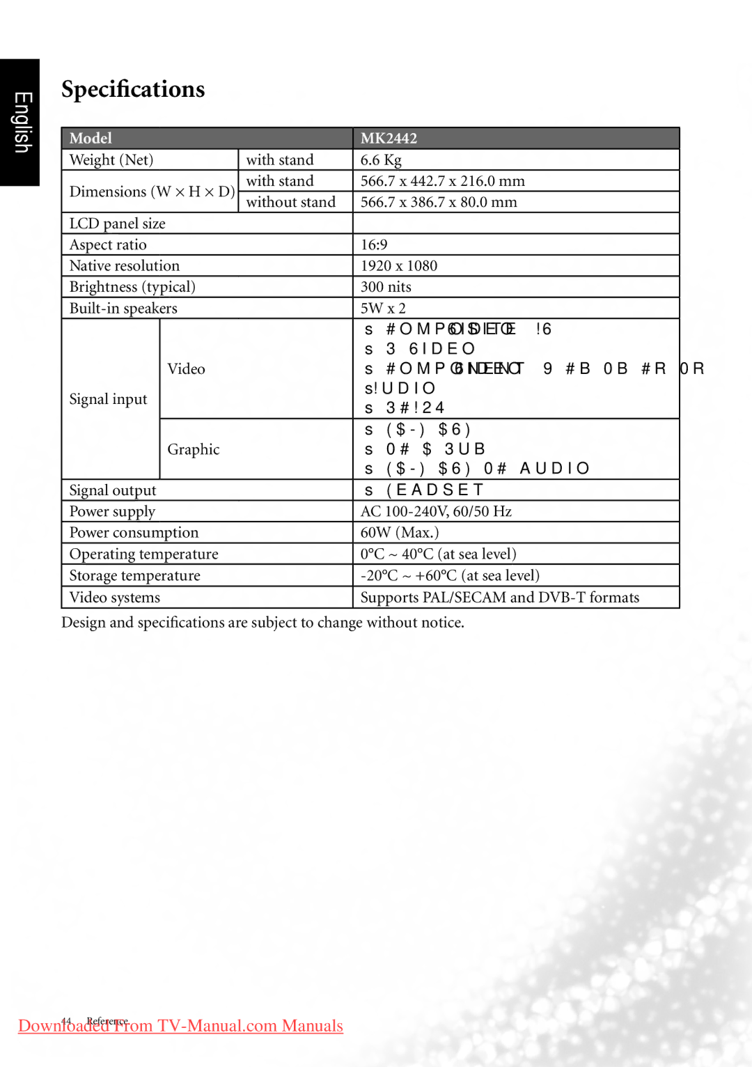 BenQ manual Specifications, Model MK2442 