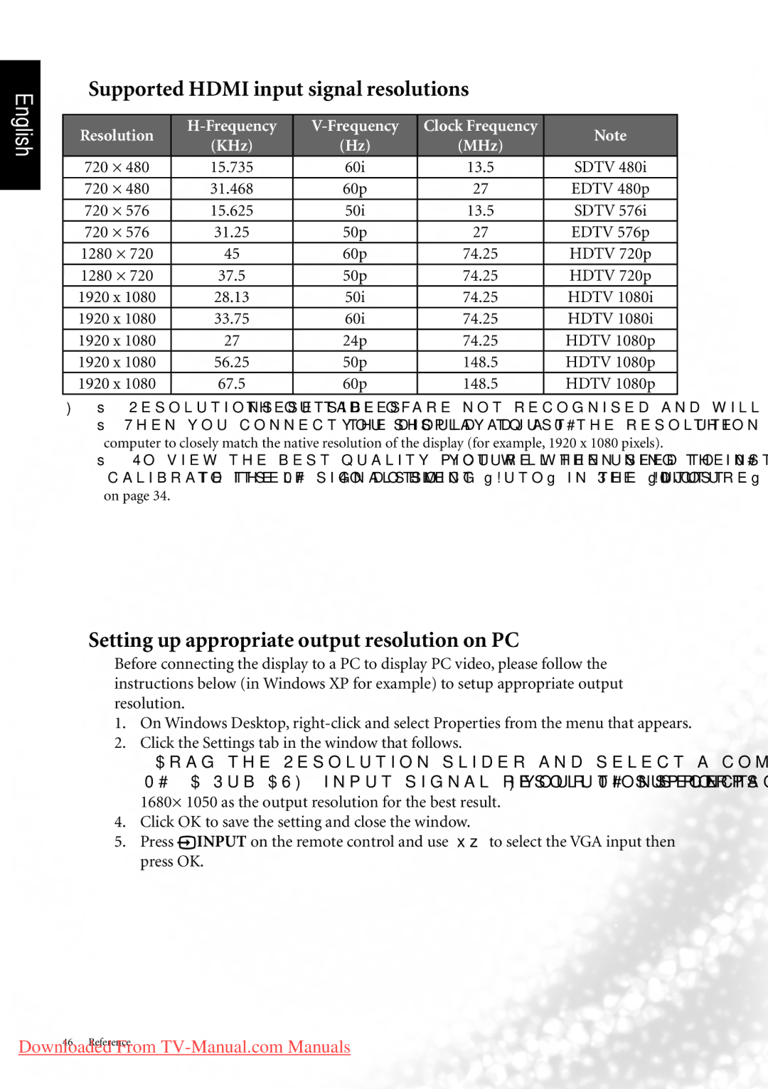 BenQ MK2442 manual Supported Hdmi input signal resolutions, Setting up appropriate output resolution on PC 