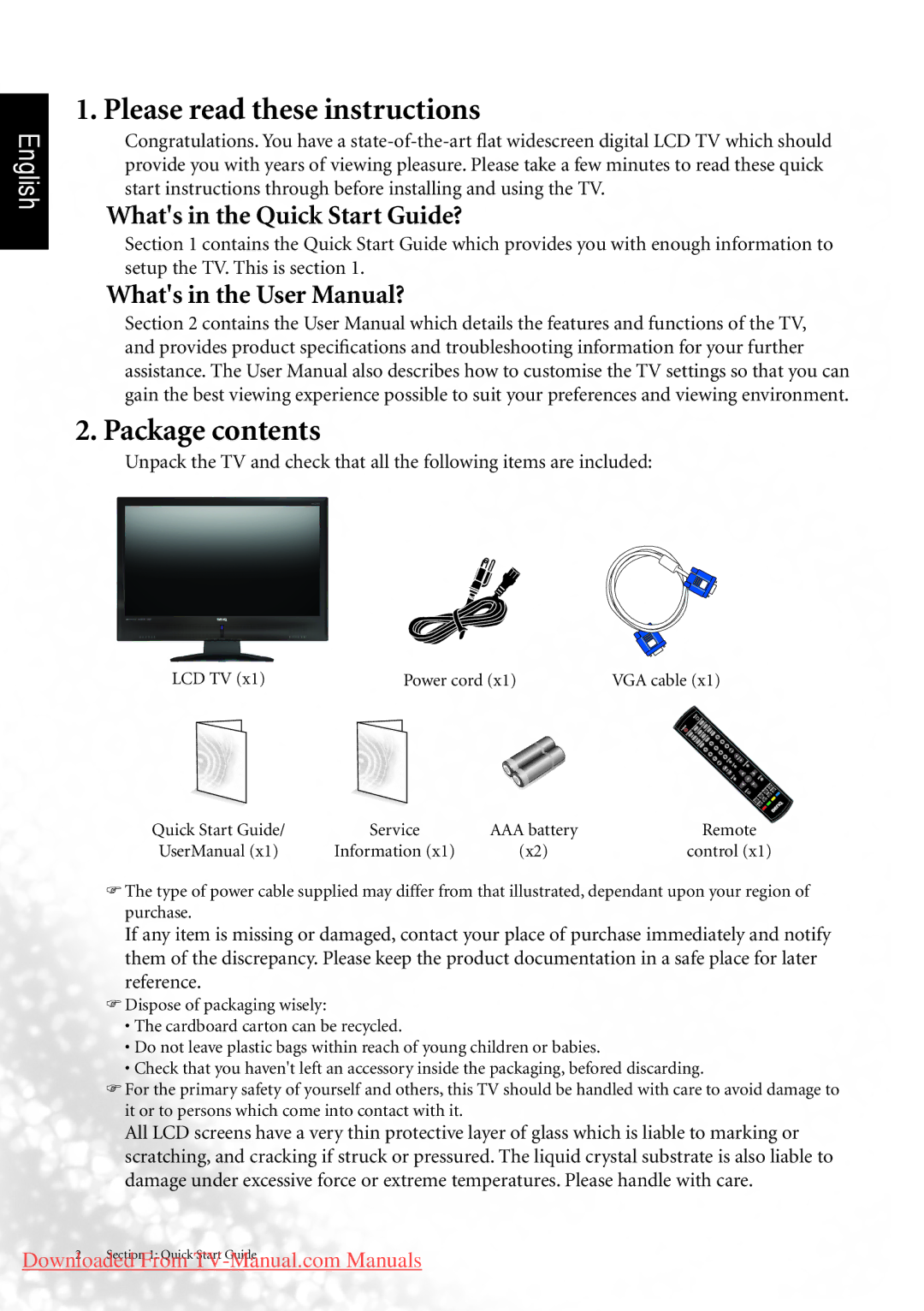 BenQ MK2442 manual Please read these instructions, Package contents 