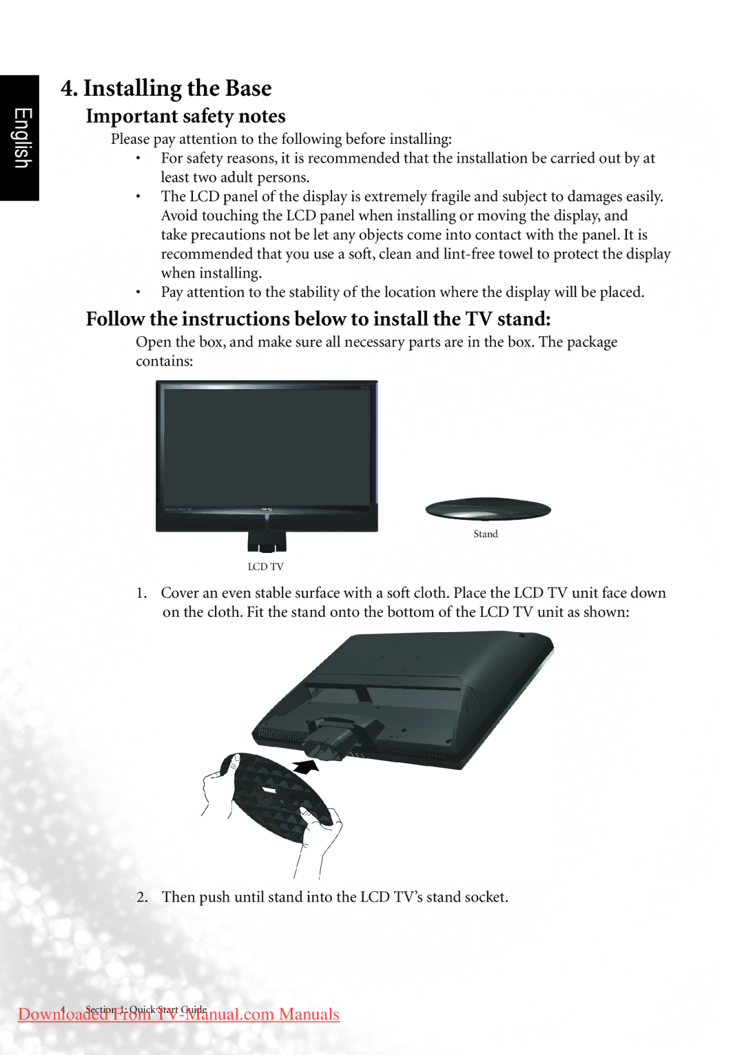 BenQ MK2442 manual Installing the Base, Important safety notes, Follow the instructions below to install the TV stand 