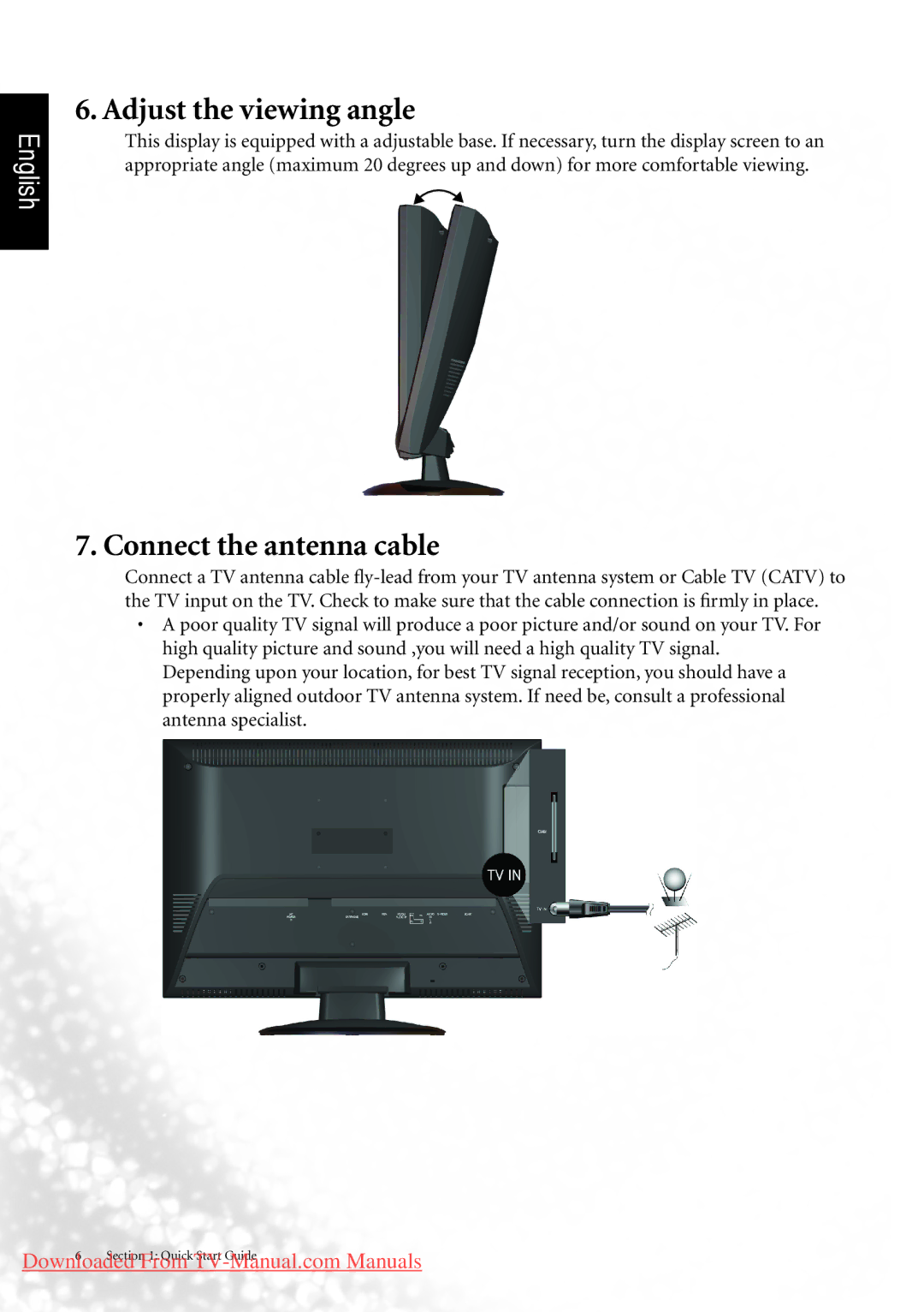 BenQ MK2442 manual Adjust the viewing angle, Connect the antenna cable 