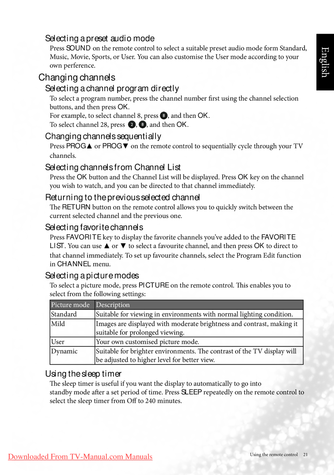 BenQ MK2443 manual Changing channels, Selecting a preset audio mode 