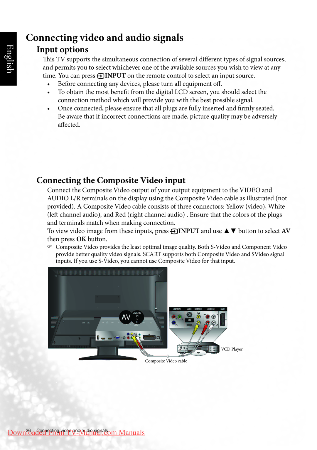 BenQ MK2443 manual Connecting video and audio signals, Input options, Connecting the Composite Video input 