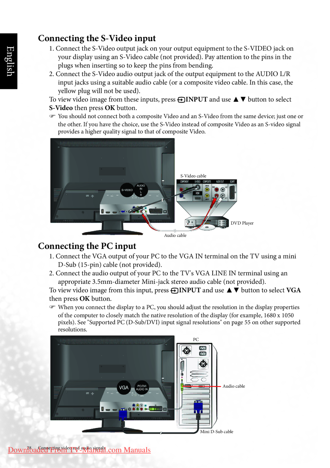 BenQ MK2443 manual Connecting the S-Video input, Connecting the PC input 