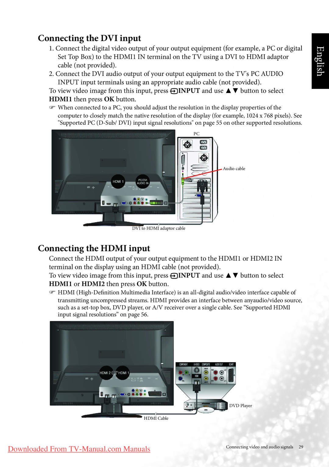 BenQ MK2443 manual Connecting the DVI input, Connecting the Hdmi input 