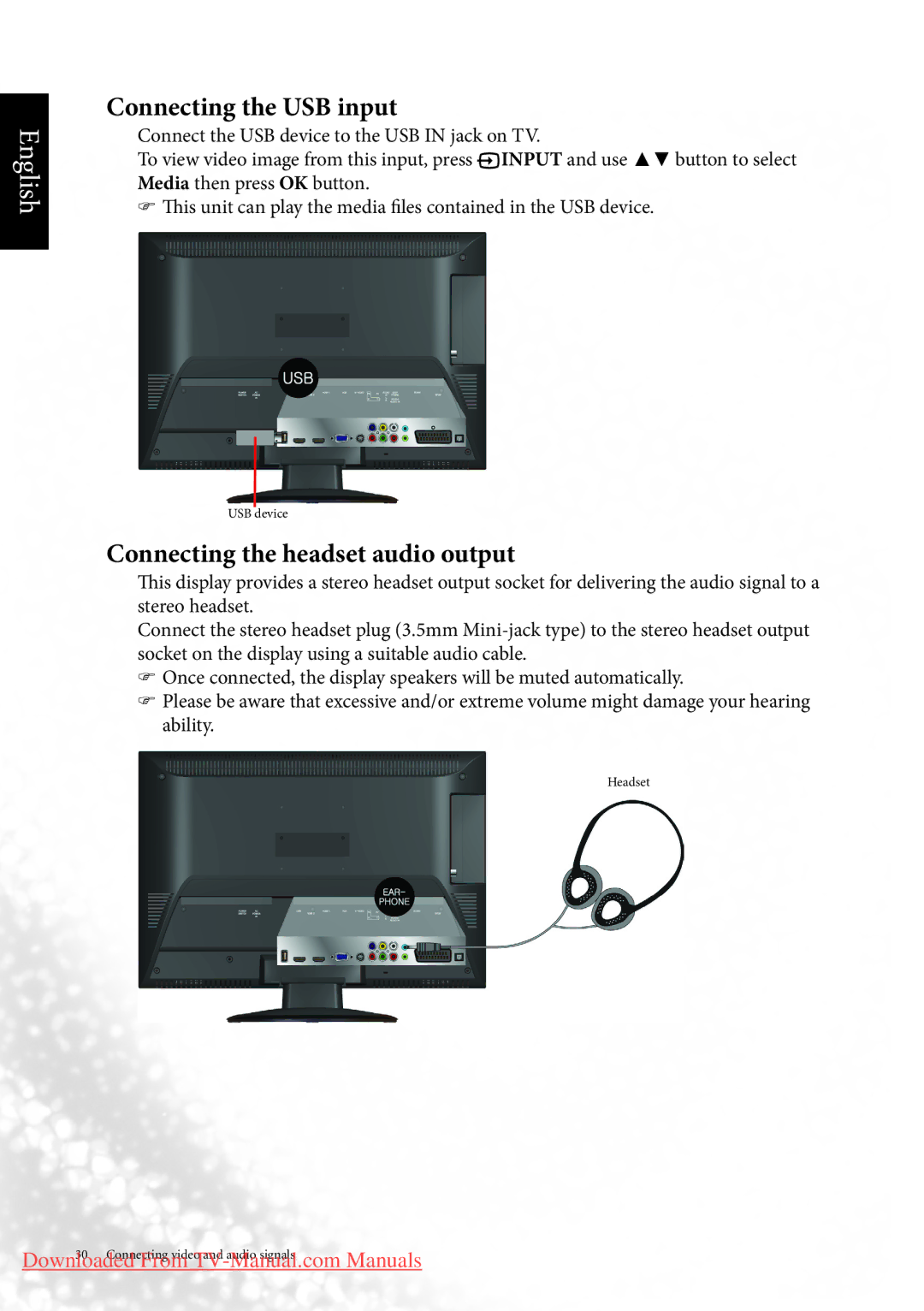 BenQ MK2443 manual Connecting the USB input, Connecting the headset audio output 