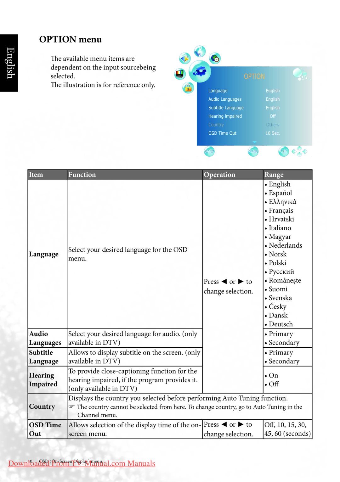 BenQ MK2443 manual Option menu 