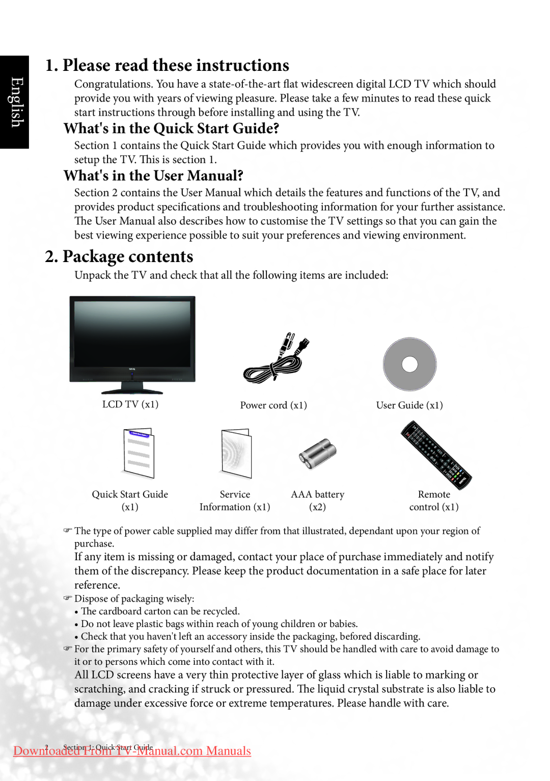 BenQ MK2443 manual Please read these instructions, Package contents 