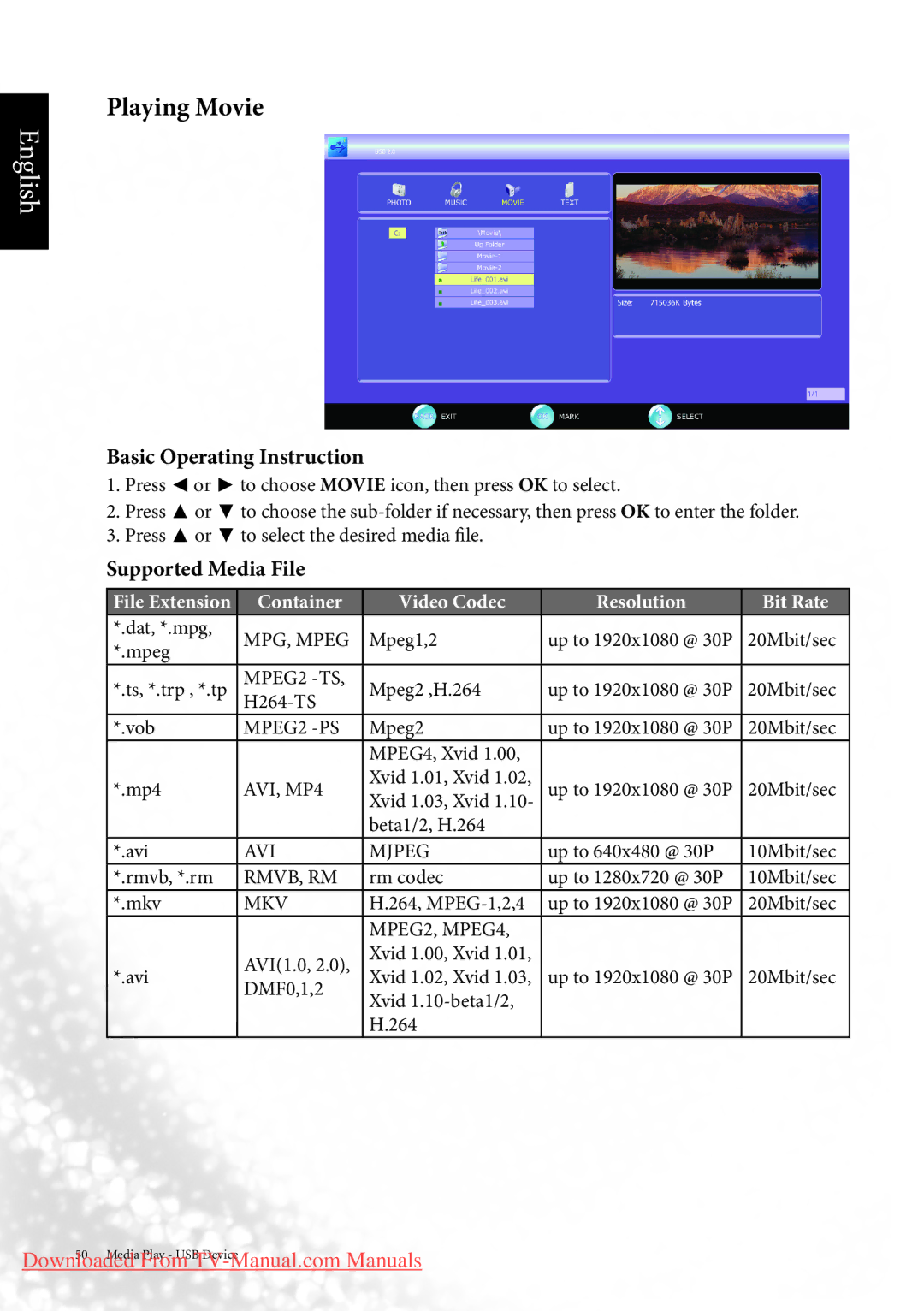 BenQ MK2443 manual Playing Movie, Container Video Codec Resolution Bit Rate 