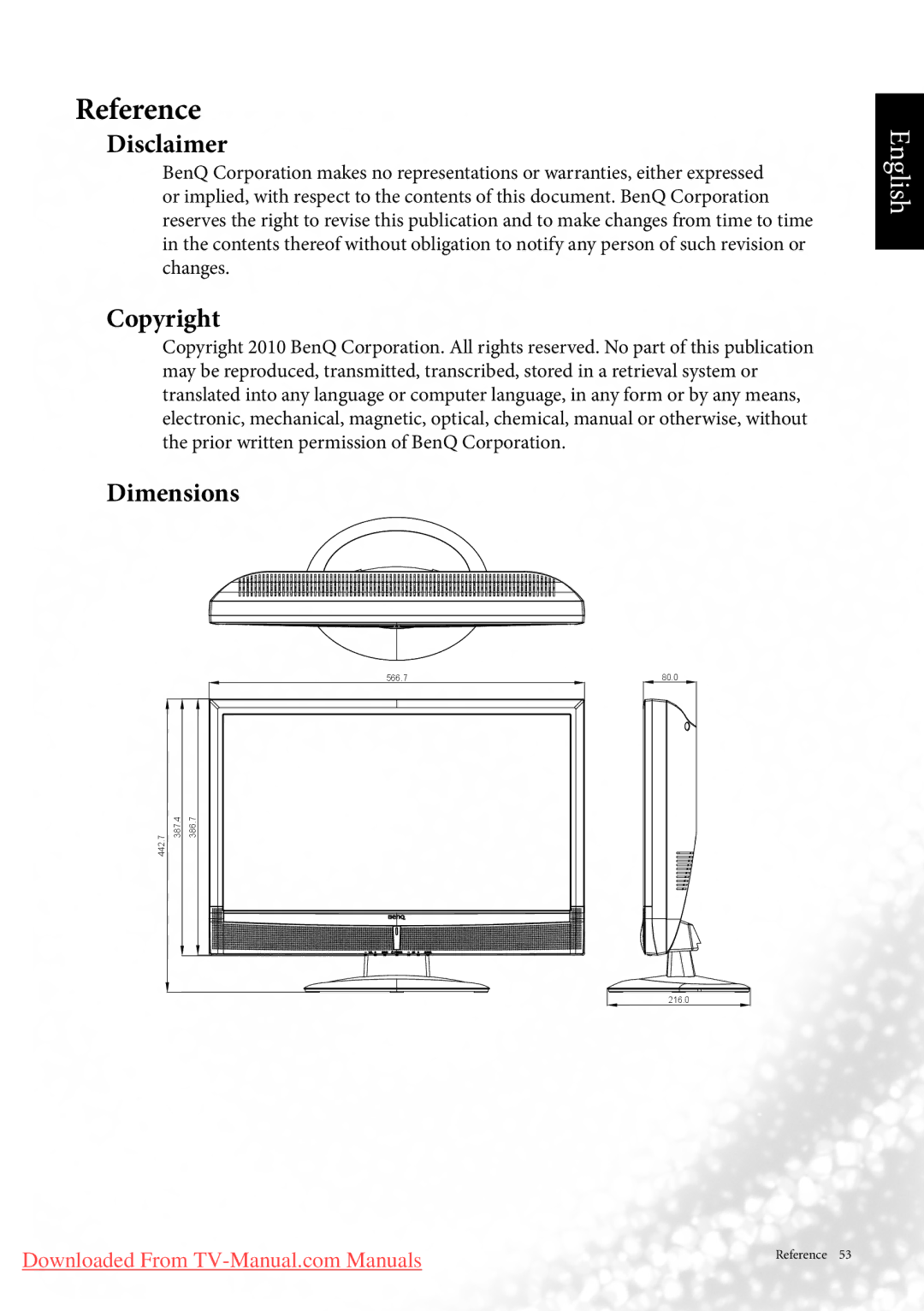 BenQ MK2443 manual Reference, Disclaimer, Copyright, Dimensions 