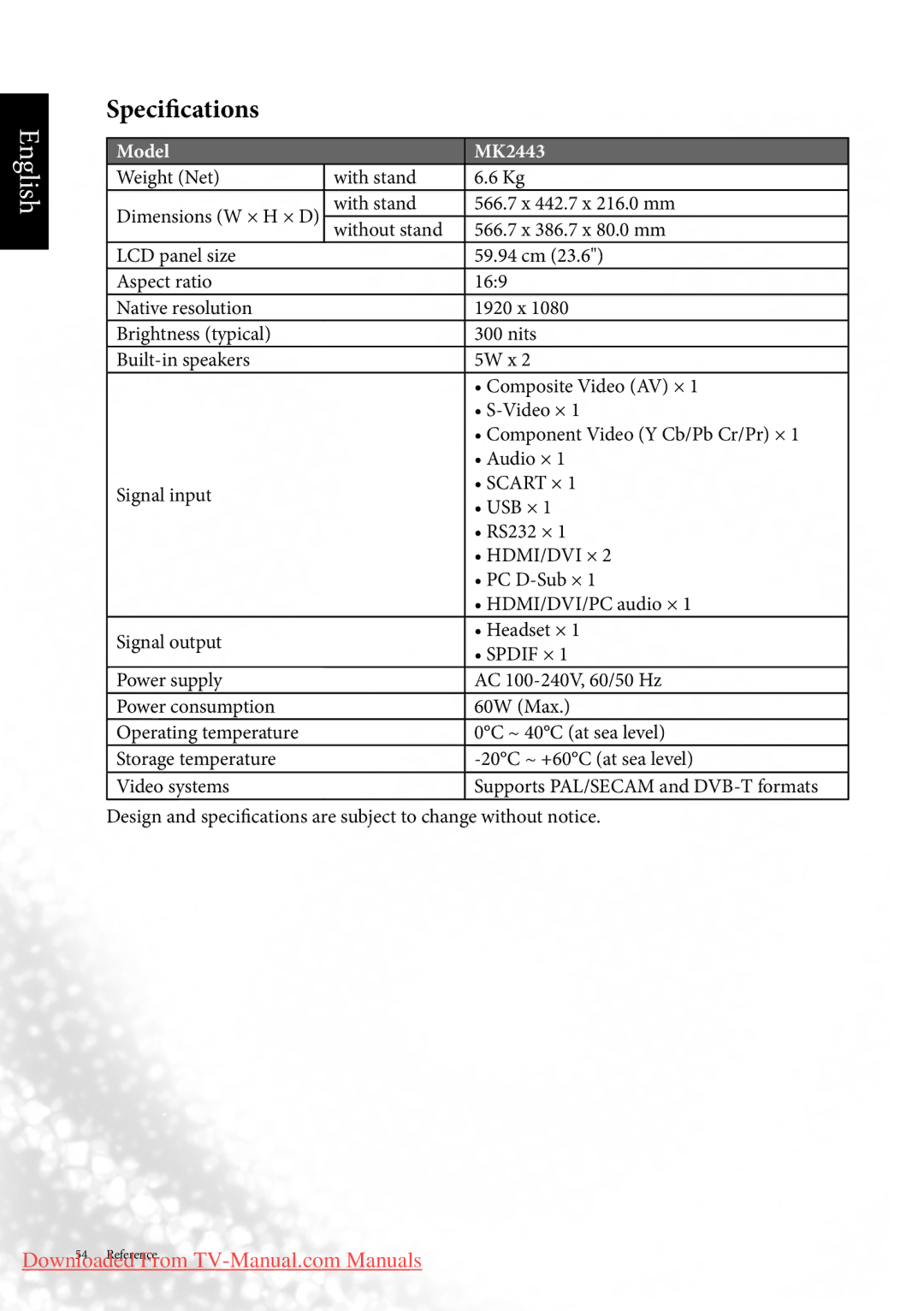 BenQ manual Specifications, Model MK2443 