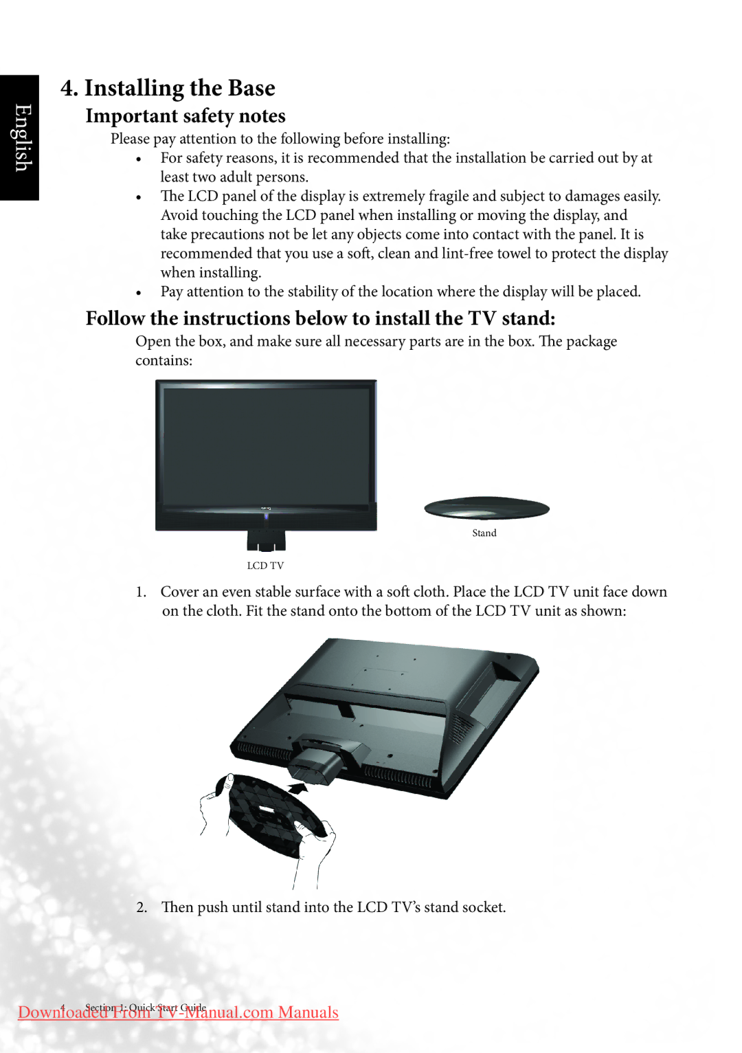 BenQ MK2443 manual Installing the Base, Important safety notes, Follow the instructions below to install the TV stand 