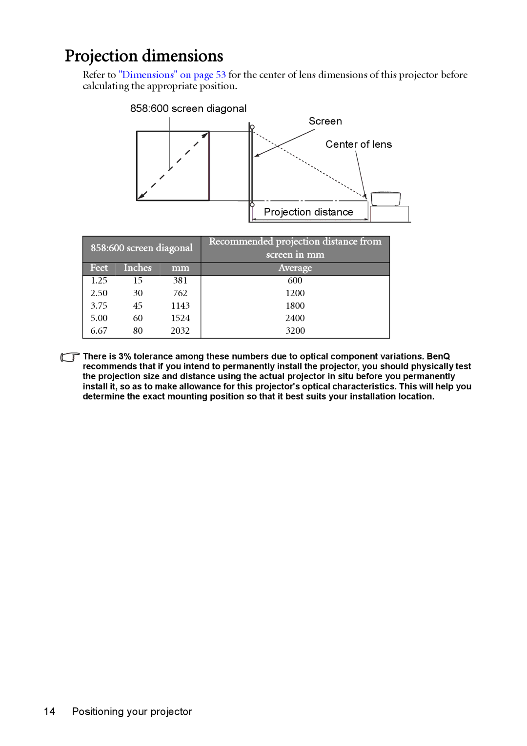 BenQ model gp1 user manual Projection dimensions, Feet 