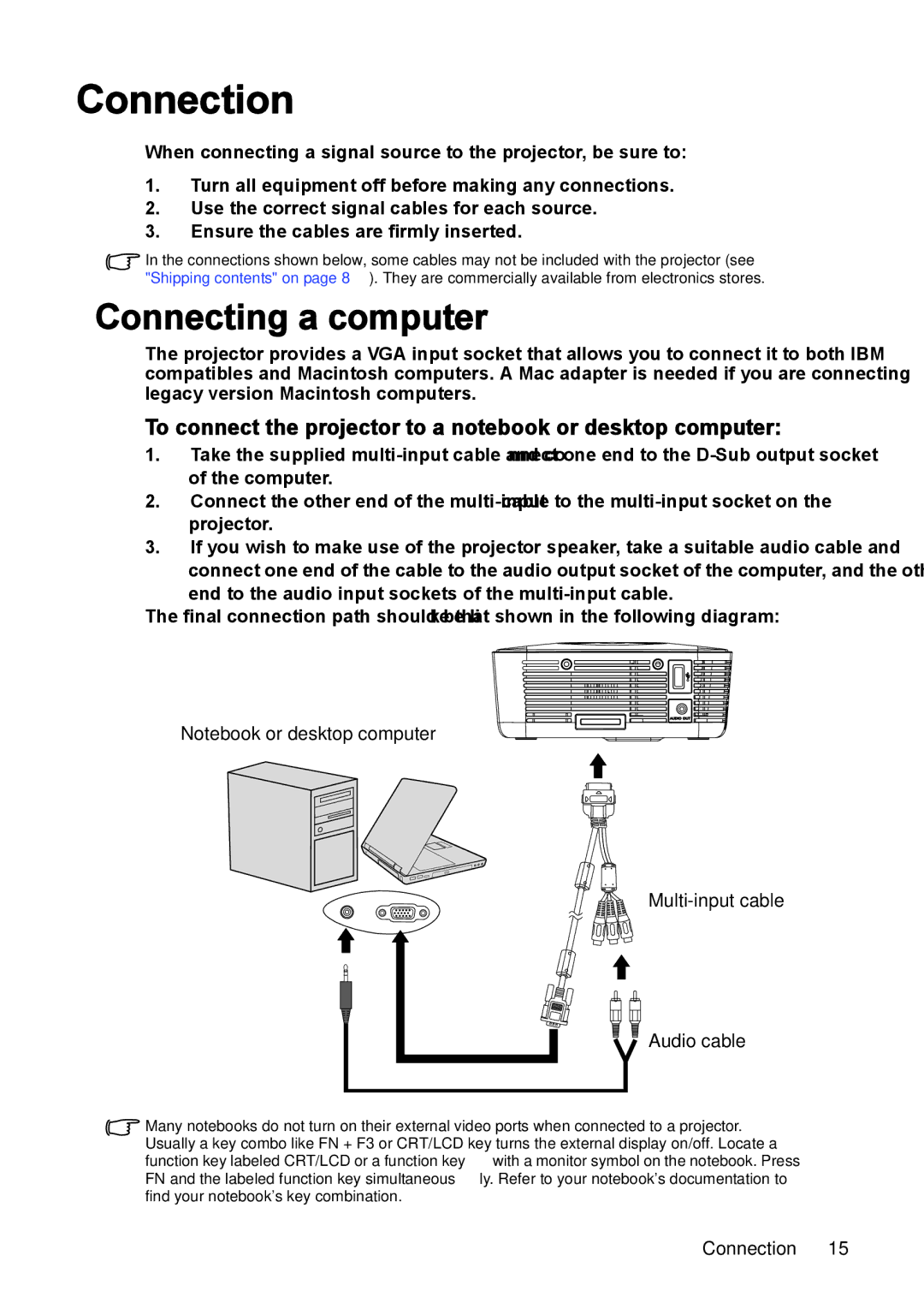 BenQ model gp1 user manual Connection, Connecting a computer, To connect the projector to a notebook or desktop computer 