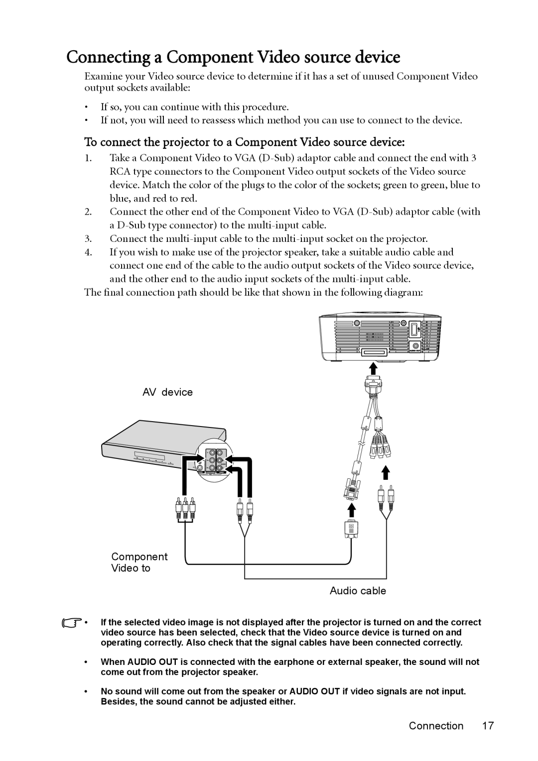 BenQ model gp1 Connecting a Component Video source device, To connect the projector to a Component Video source device 